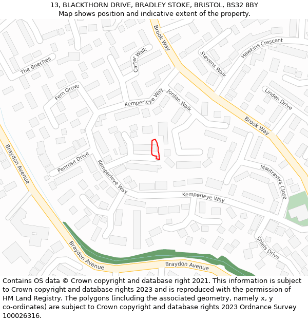 13, BLACKTHORN DRIVE, BRADLEY STOKE, BRISTOL, BS32 8BY: Location map and indicative extent of plot