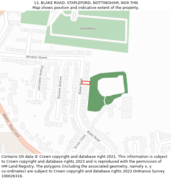 13, BLAKE ROAD, STAPLEFORD, NOTTINGHAM, NG9 7HN: Location map and indicative extent of plot