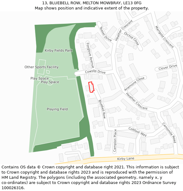 13, BLUEBELL ROW, MELTON MOWBRAY, LE13 0FG: Location map and indicative extent of plot