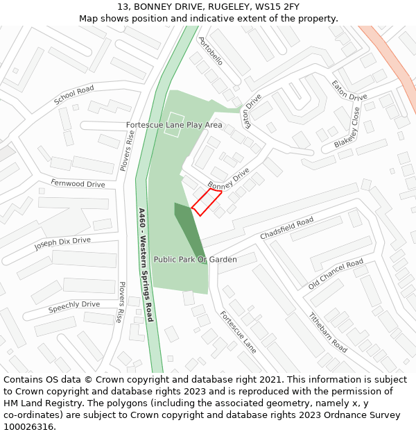 13, BONNEY DRIVE, RUGELEY, WS15 2FY: Location map and indicative extent of plot