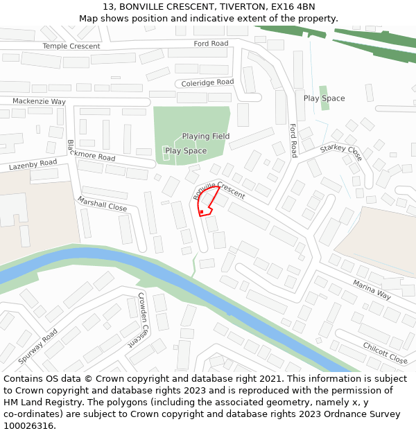 13, BONVILLE CRESCENT, TIVERTON, EX16 4BN: Location map and indicative extent of plot