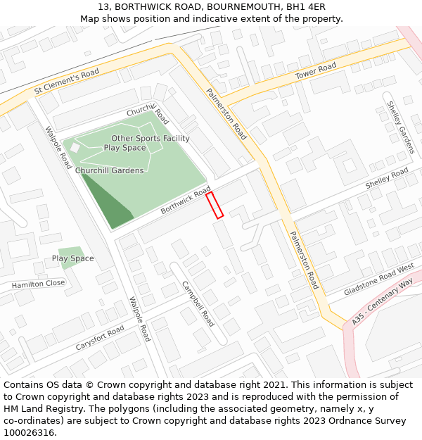 13, BORTHWICK ROAD, BOURNEMOUTH, BH1 4ER: Location map and indicative extent of plot