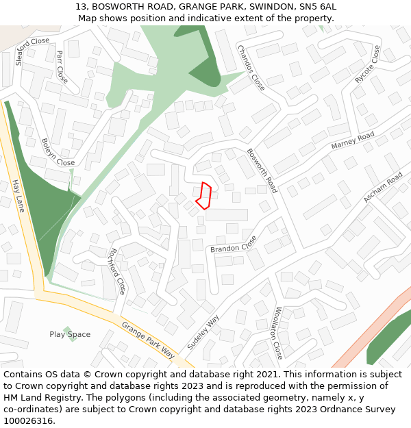 13, BOSWORTH ROAD, GRANGE PARK, SWINDON, SN5 6AL: Location map and indicative extent of plot