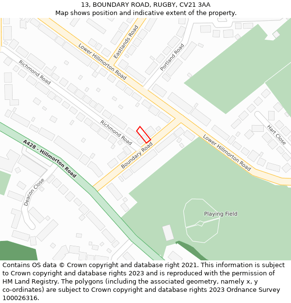 13, BOUNDARY ROAD, RUGBY, CV21 3AA: Location map and indicative extent of plot