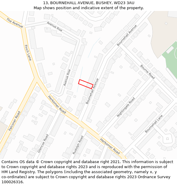 13, BOURNEHALL AVENUE, BUSHEY, WD23 3AU: Location map and indicative extent of plot