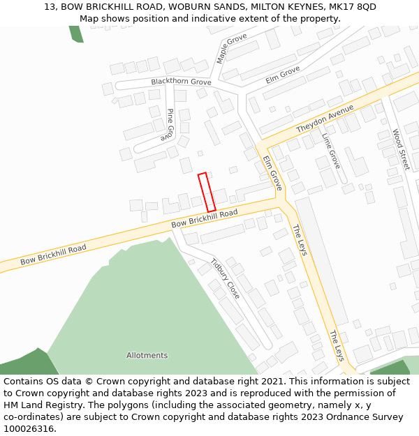 13, BOW BRICKHILL ROAD, WOBURN SANDS, MILTON KEYNES, MK17 8QD: Location map and indicative extent of plot