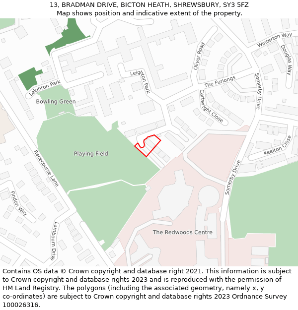 13, BRADMAN DRIVE, BICTON HEATH, SHREWSBURY, SY3 5FZ: Location map and indicative extent of plot