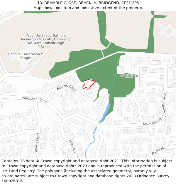 13, BRAMBLE CLOSE, BRACKLA, BRIDGEND, CF31 2PS: Location map and indicative extent of plot