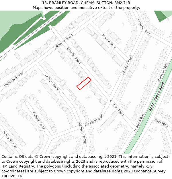 13, BRAMLEY ROAD, CHEAM, SUTTON, SM2 7LR: Location map and indicative extent of plot