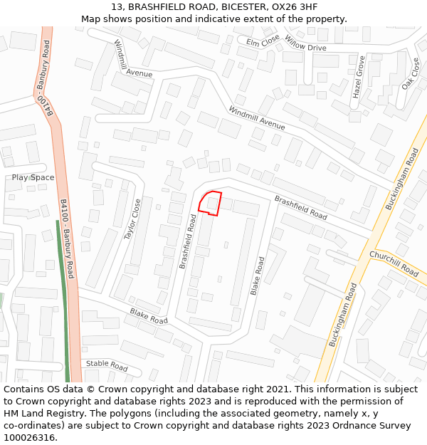 13, BRASHFIELD ROAD, BICESTER, OX26 3HF: Location map and indicative extent of plot