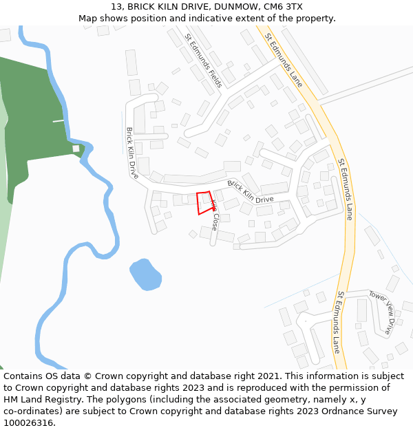 13, BRICK KILN DRIVE, DUNMOW, CM6 3TX: Location map and indicative extent of plot