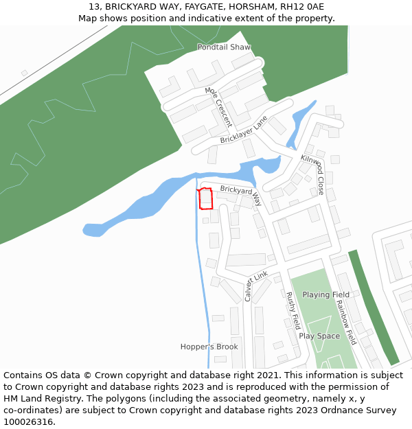 13, BRICKYARD WAY, FAYGATE, HORSHAM, RH12 0AE: Location map and indicative extent of plot