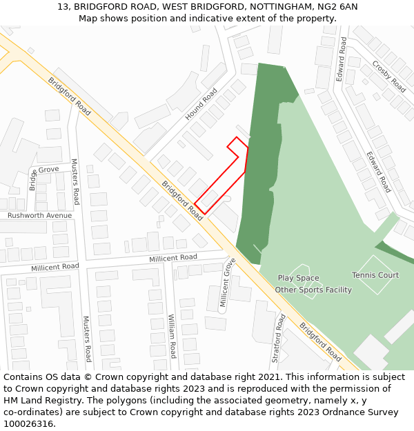 13, BRIDGFORD ROAD, WEST BRIDGFORD, NOTTINGHAM, NG2 6AN: Location map and indicative extent of plot