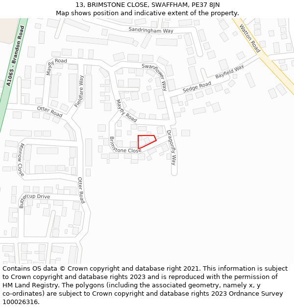 13, BRIMSTONE CLOSE, SWAFFHAM, PE37 8JN: Location map and indicative extent of plot