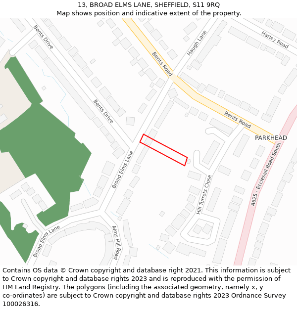 13, BROAD ELMS LANE, SHEFFIELD, S11 9RQ: Location map and indicative extent of plot
