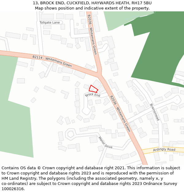 13, BROCK END, CUCKFIELD, HAYWARDS HEATH, RH17 5BU: Location map and indicative extent of plot