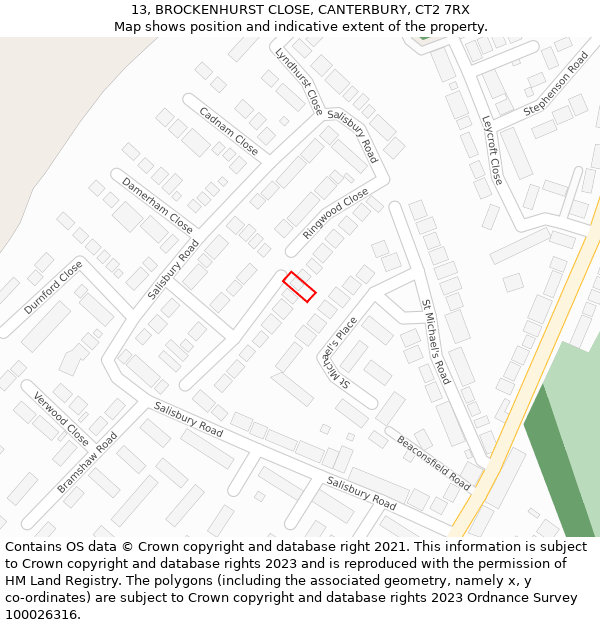 13, BROCKENHURST CLOSE, CANTERBURY, CT2 7RX: Location map and indicative extent of plot