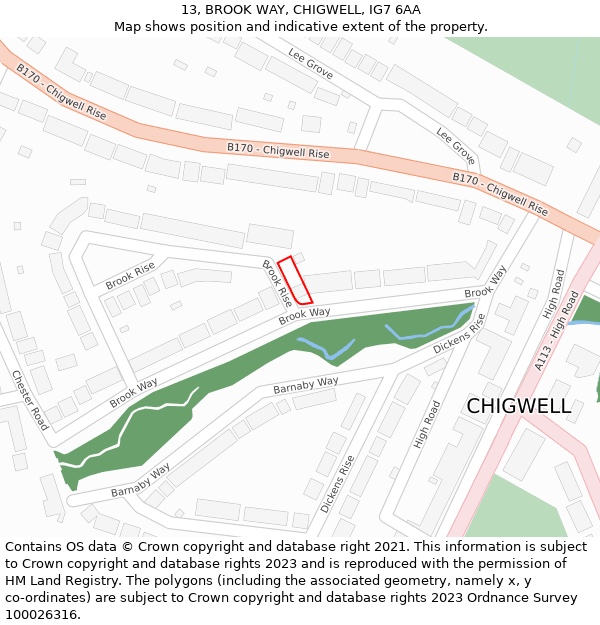 13, BROOK WAY, CHIGWELL, IG7 6AA: Location map and indicative extent of plot