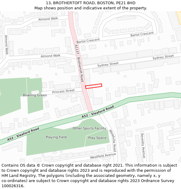 13, BROTHERTOFT ROAD, BOSTON, PE21 8HD: Location map and indicative extent of plot