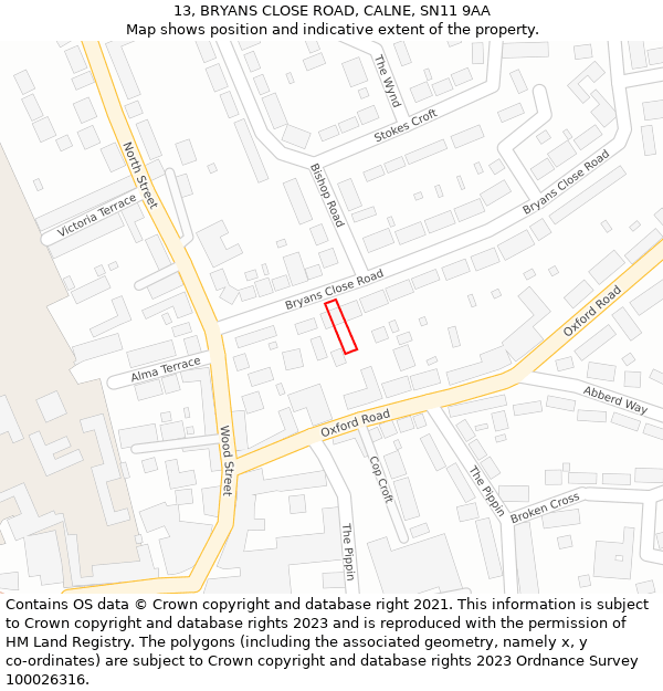 13, BRYANS CLOSE ROAD, CALNE, SN11 9AA: Location map and indicative extent of plot