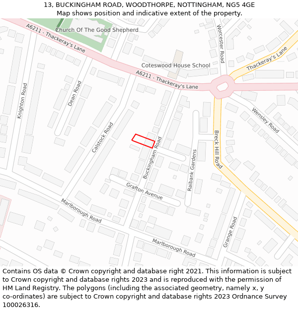 13, BUCKINGHAM ROAD, WOODTHORPE, NOTTINGHAM, NG5 4GE: Location map and indicative extent of plot