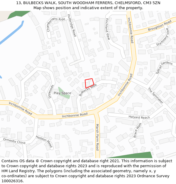 13, BULBECKS WALK, SOUTH WOODHAM FERRERS, CHELMSFORD, CM3 5ZN: Location map and indicative extent of plot