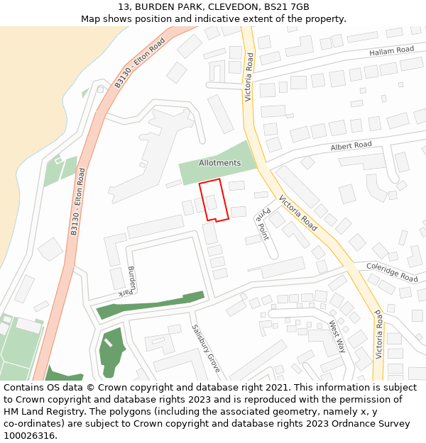 13, BURDEN PARK, CLEVEDON, BS21 7GB: Location map and indicative extent of plot