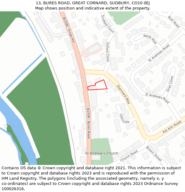 13, BURES ROAD, GREAT CORNARD, SUDBURY, CO10 0EJ: Location map and indicative extent of plot