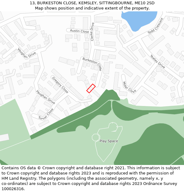 13, BURKESTON CLOSE, KEMSLEY, SITTINGBOURNE, ME10 2SD: Location map and indicative extent of plot