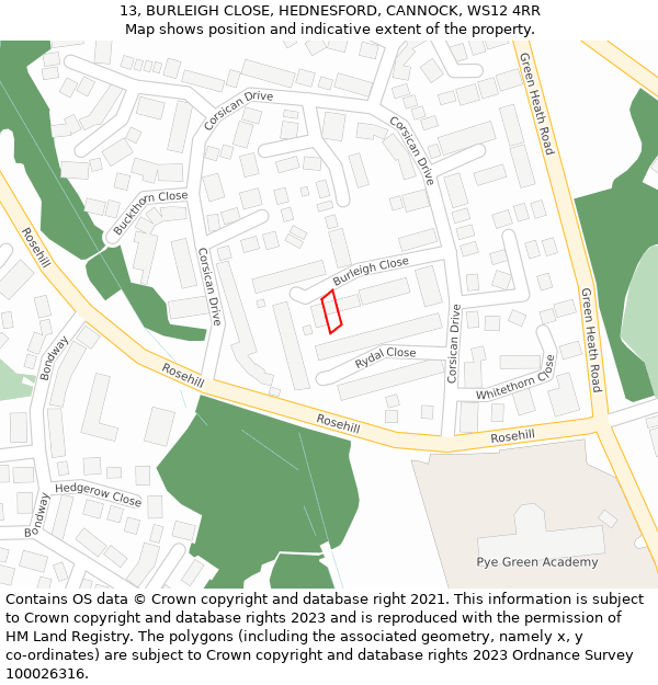 13, BURLEIGH CLOSE, HEDNESFORD, CANNOCK, WS12 4RR: Location map and indicative extent of plot