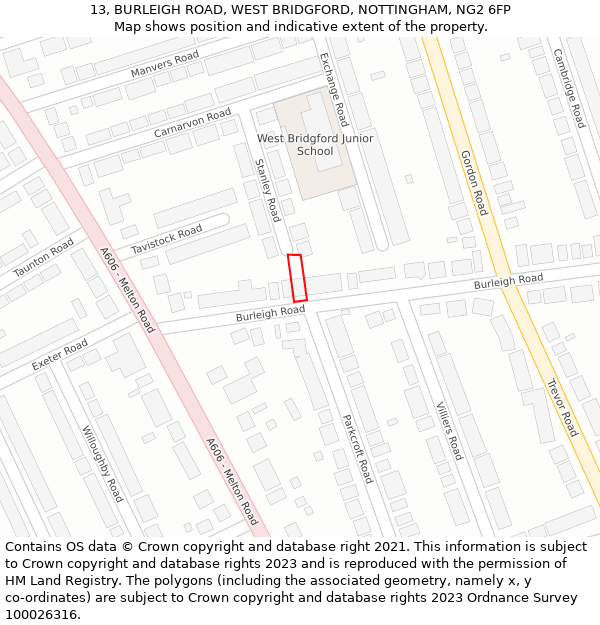 13, BURLEIGH ROAD, WEST BRIDGFORD, NOTTINGHAM, NG2 6FP: Location map and indicative extent of plot