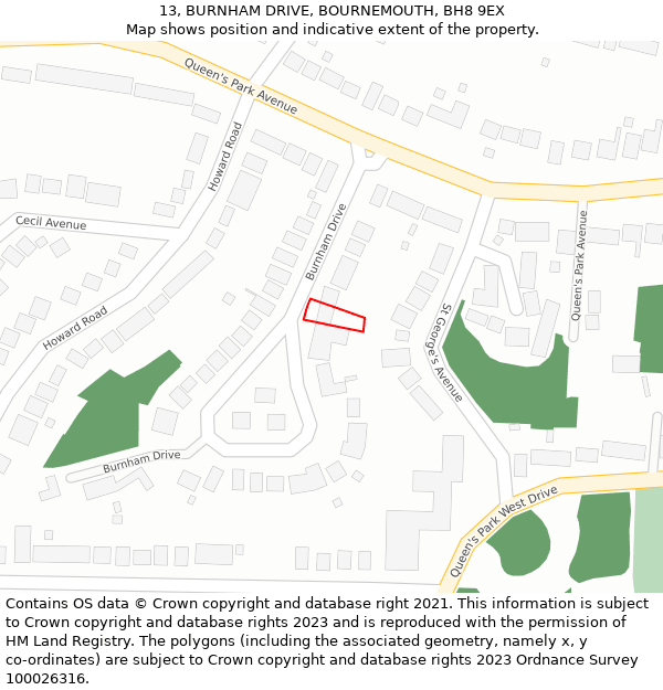 13, BURNHAM DRIVE, BOURNEMOUTH, BH8 9EX: Location map and indicative extent of plot