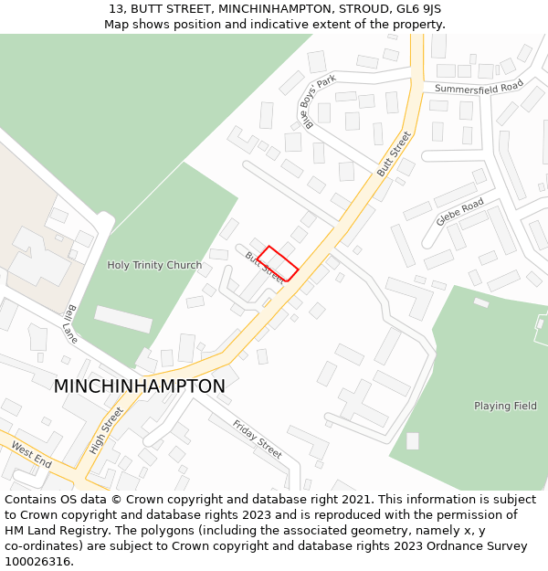 13, BUTT STREET, MINCHINHAMPTON, STROUD, GL6 9JS: Location map and indicative extent of plot