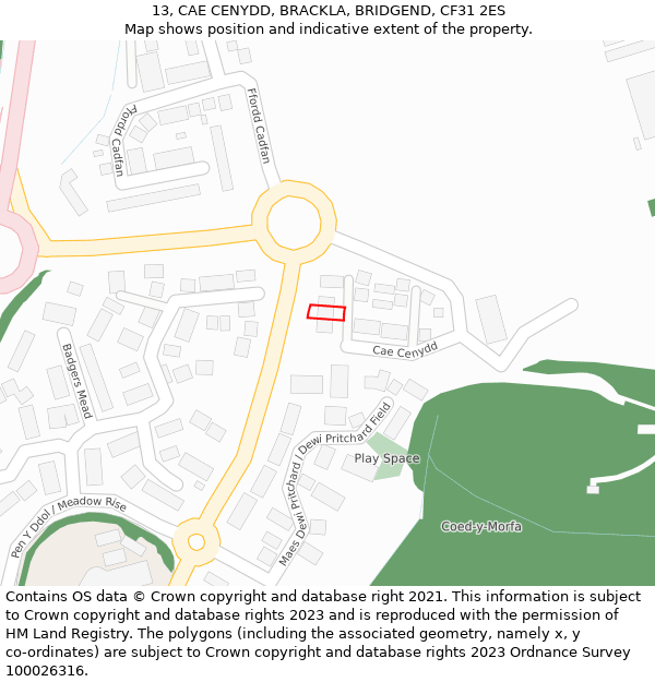13, CAE CENYDD, BRACKLA, BRIDGEND, CF31 2ES: Location map and indicative extent of plot