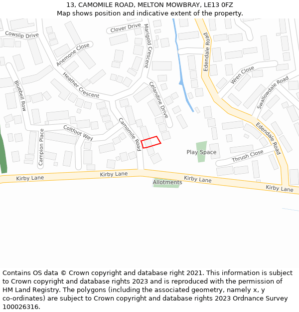 13, CAMOMILE ROAD, MELTON MOWBRAY, LE13 0FZ: Location map and indicative extent of plot