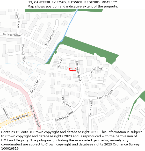 13, CANTERBURY ROAD, FLITWICK, BEDFORD, MK45 1TY: Location map and indicative extent of plot