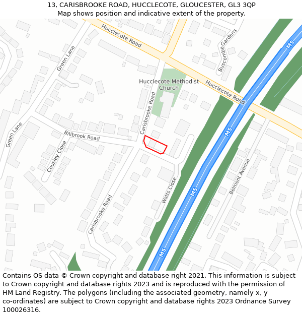 13, CARISBROOKE ROAD, HUCCLECOTE, GLOUCESTER, GL3 3QP: Location map and indicative extent of plot