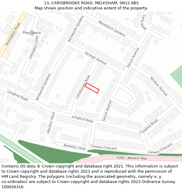 13, CARISBROOKE ROAD, MELKSHAM, SN12 6BS: Location map and indicative extent of plot