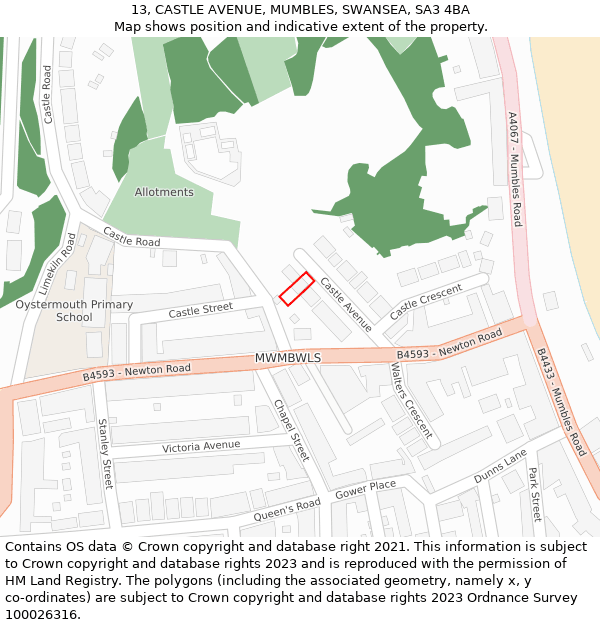 13, CASTLE AVENUE, MUMBLES, SWANSEA, SA3 4BA: Location map and indicative extent of plot