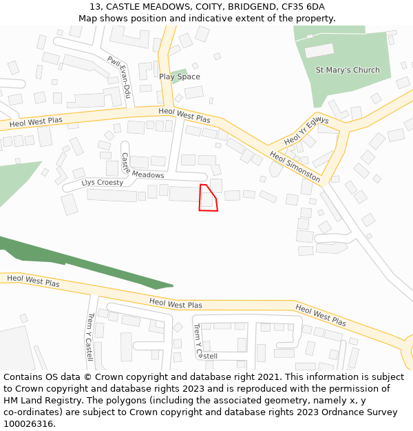 13, CASTLE MEADOWS, COITY, BRIDGEND, CF35 6DA: Location map and indicative extent of plot