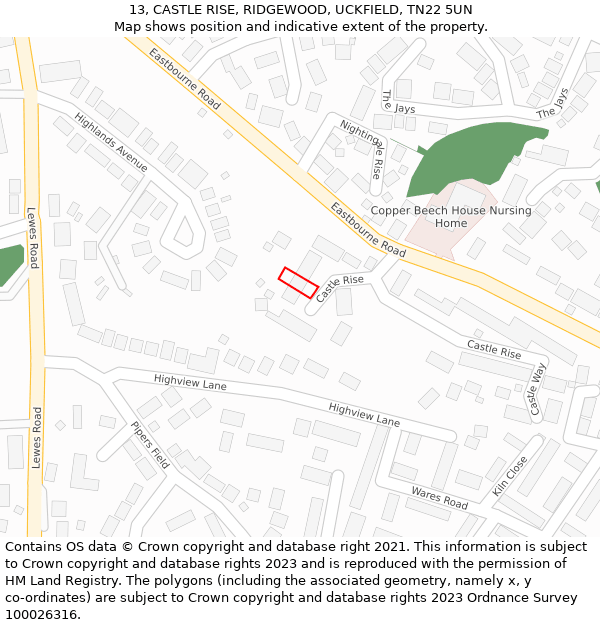 13, CASTLE RISE, RIDGEWOOD, UCKFIELD, TN22 5UN: Location map and indicative extent of plot