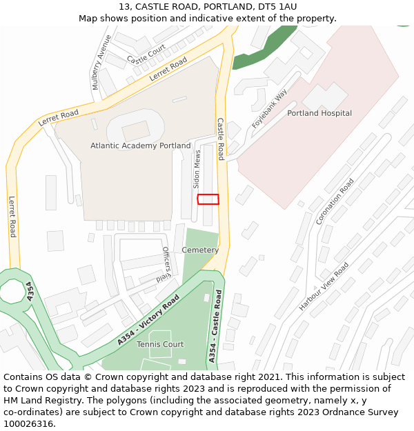 13, CASTLE ROAD, PORTLAND, DT5 1AU: Location map and indicative extent of plot