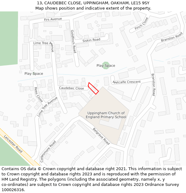 13, CAUDEBEC CLOSE, UPPINGHAM, OAKHAM, LE15 9SY: Location map and indicative extent of plot