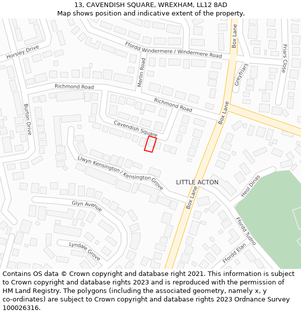 13, CAVENDISH SQUARE, WREXHAM, LL12 8AD: Location map and indicative extent of plot