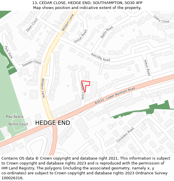 13, CEDAR CLOSE, HEDGE END, SOUTHAMPTON, SO30 4FP: Location map and indicative extent of plot