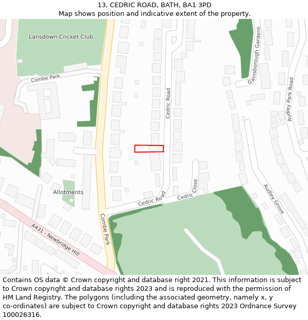13, CEDRIC ROAD, BATH, BA1 3PD: Location map and indicative extent of plot