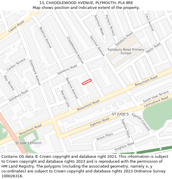 13, CHADDLEWOOD AVENUE, PLYMOUTH, PL4 8RE: Location map and indicative extent of plot