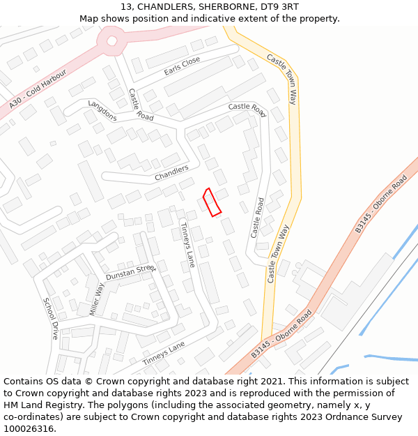 13, CHANDLERS, SHERBORNE, DT9 3RT: Location map and indicative extent of plot