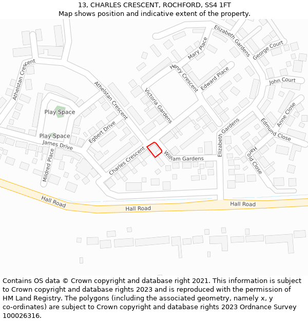 13, CHARLES CRESCENT, ROCHFORD, SS4 1FT: Location map and indicative extent of plot