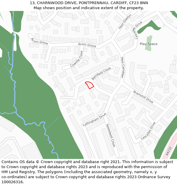 13, CHARNWOOD DRIVE, PONTPRENNAU, CARDIFF, CF23 8NN: Location map and indicative extent of plot